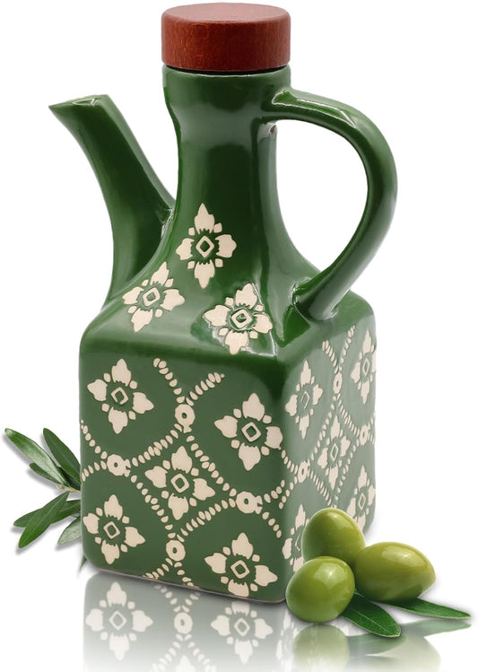 Olive Oil Dispenser Bottle Ceramic，8.5 Oz Decoration Oil Dispenser for Kitchen，Leakproof Oil And Vinegar Container with Handle，Green Italian Cooking Oil Cruet，Easy Pour