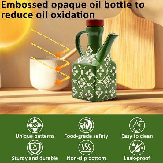 Olive Oil Dispenser Bottle Ceramic，8.5 Oz Decoration Oil Dispenser for Kitchen，Leakproof Oil And Vinegar Container with Handle，Green Italian Cooking Oil Cruet，Easy Pour