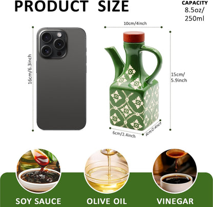 Olive Oil Dispenser Bottle Ceramic，8.5 Oz Decoration Oil Dispenser for Kitchen，Leakproof Oil And Vinegar Container with Handle，Green Italian Cooking Oil Cruet，Easy Pour