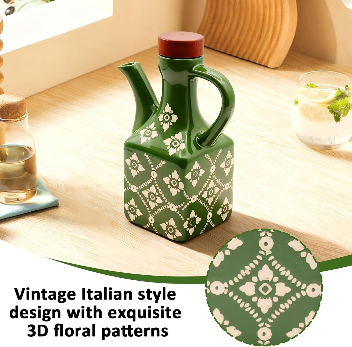 Olive Oil Dispenser Bottle Ceramic，8.5 Oz Decoration Oil Dispenser for Kitchen，Leakproof Oil And Vinegar Container with Handle，Green Italian Cooking Oil Cruet，Easy Pour