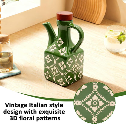 Olive Oil Dispenser Bottle Ceramic，8.5 Oz Decoration Oil Dispenser for Kitchen，Leakproof Oil And Vinegar Container with Handle，Green Italian Cooking Oil Cruet，Easy Pour