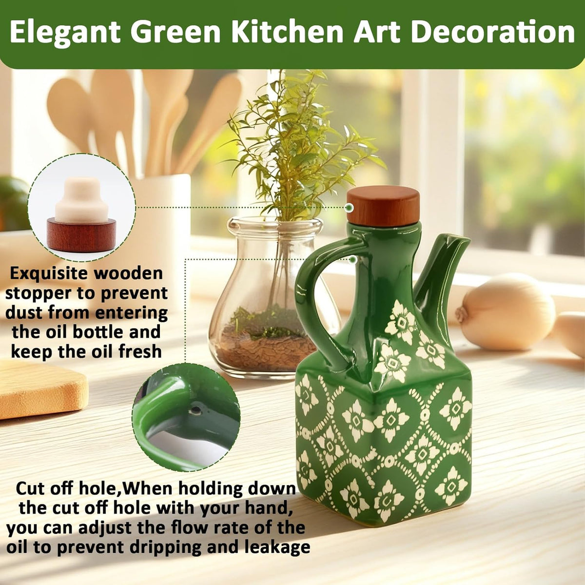 Olive Oil Dispenser Bottle Ceramic，8.5 Oz Decoration Oil Dispenser for Kitchen，Leakproof Oil And Vinegar Container with Handle，Green Italian Cooking Oil Cruet，Easy Pour