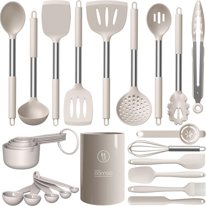 Large Silicone Cooking Utensils Set - Heat Resistant Kitchen Utensils,Turner Tongs,Spatula,Spoon,Brush,Whisk,Stainless Steel Cooking Tool for Nonstick Cookware,Dishwasher Safe (Khaki)