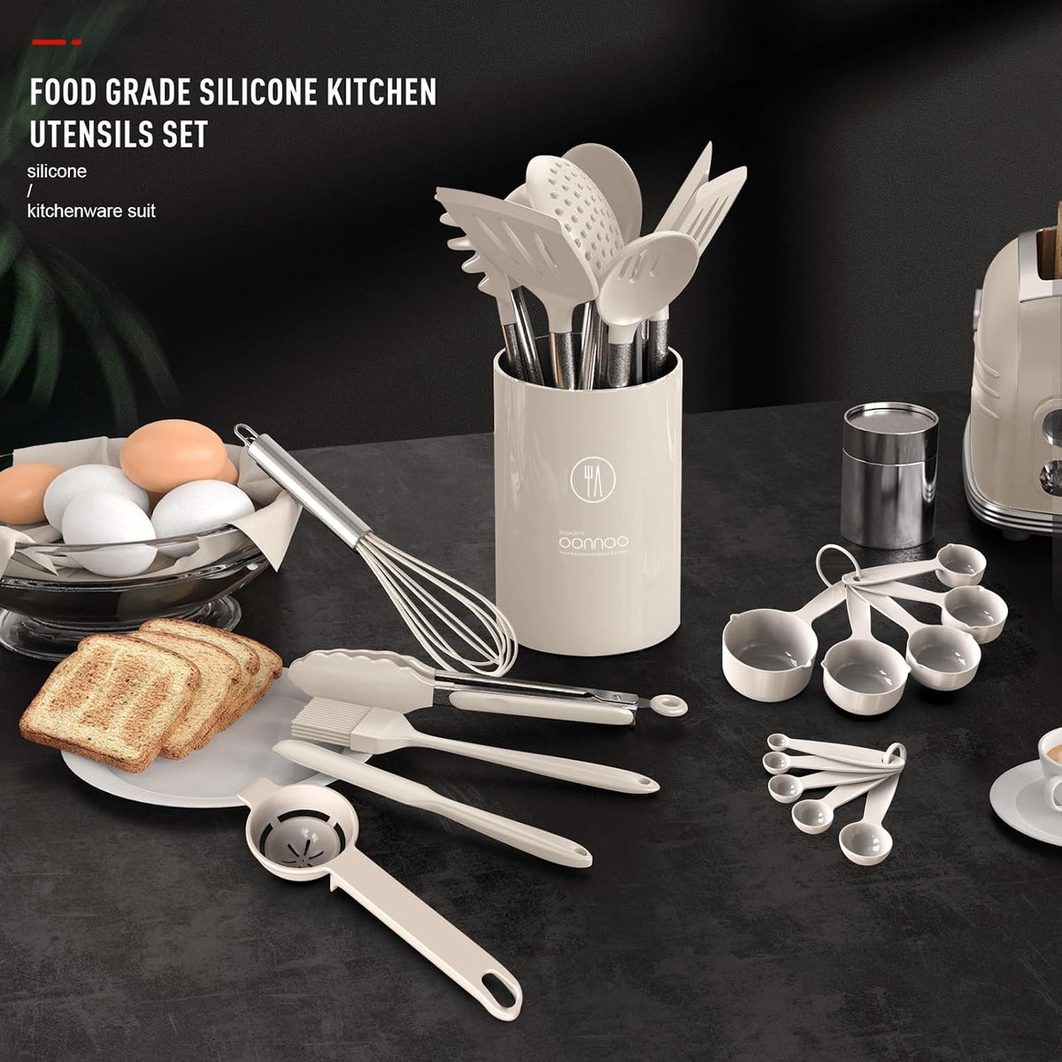 Large Silicone Cooking Utensils Set - Heat Resistant Kitchen Utensils,Turner Tongs,Spatula,Spoon,Brush,Whisk,Stainless Steel Cooking Tool for Nonstick Cookware,Dishwasher Safe (Khaki)
