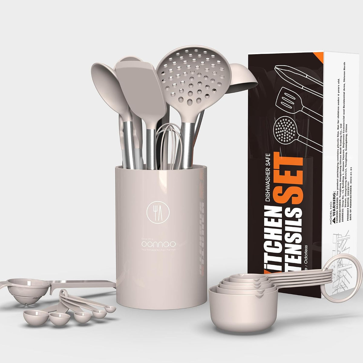 Large Silicone Cooking Utensils Set - Heat Resistant Kitchen Utensils,Turner Tongs,Spatula,Spoon,Brush,Whisk,Stainless Steel Cooking Tool for Nonstick Cookware,Dishwasher Safe (Khaki)