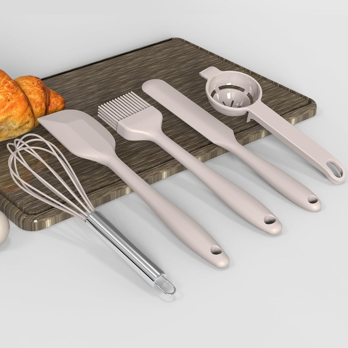 Large Silicone Cooking Utensils Set - Heat Resistant Kitchen Utensils,Turner Tongs,Spatula,Spoon,Brush,Whisk,Stainless Steel Cooking Tool for Nonstick Cookware,Dishwasher Safe (Khaki)
