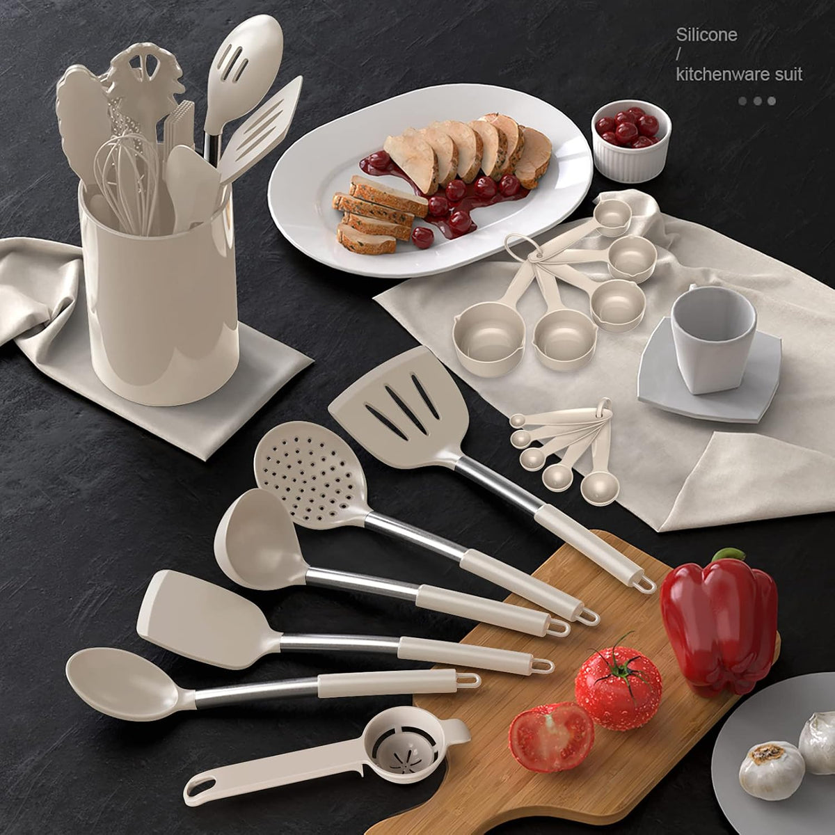 Large Silicone Cooking Utensils Set - Heat Resistant Kitchen Utensils,Turner Tongs,Spatula,Spoon,Brush,Whisk,Stainless Steel Cooking Tool for Nonstick Cookware,Dishwasher Safe (Khaki)