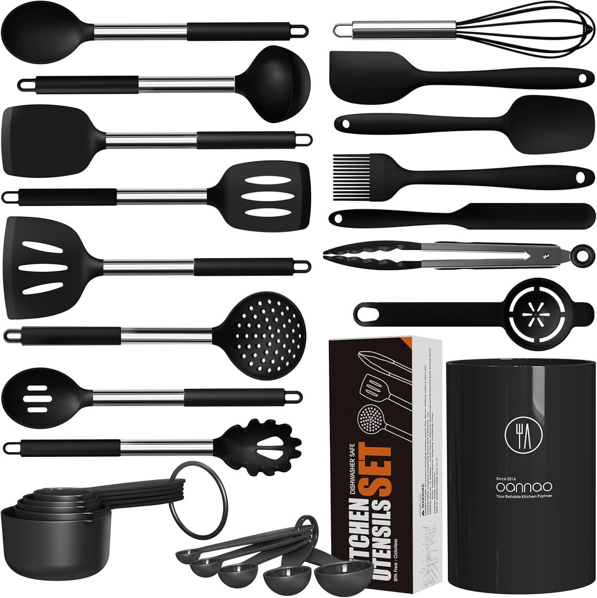 Large Silicone Cooking Utensils Set - Heat Resistant Kitchen Utensils,Turner Tongs,Spatula,Spoon,Brush,Whisk,Stainless Steel Cooking Tool for Nonstick Cookware,Dishwasher Safe (Khaki)
