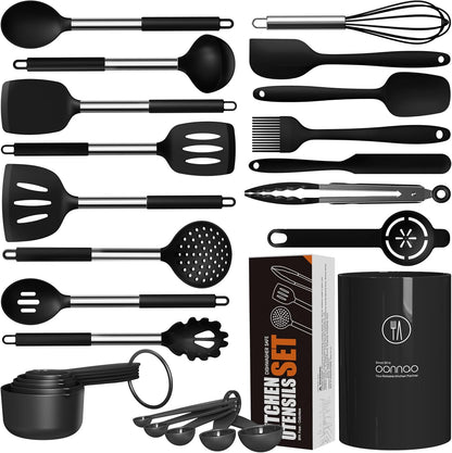 Large Silicone Cooking Utensils Set - Heat Resistant Kitchen Utensils,Turner Tongs,Spatula,Spoon,Brush,Whisk,Stainless Steel Cooking Tool for Nonstick Cookware,Dishwasher Safe (Khaki)