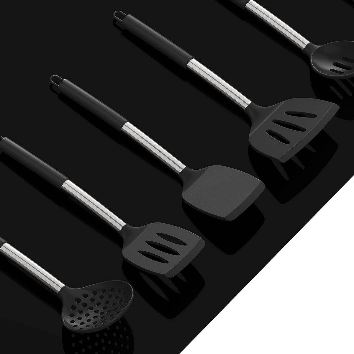 Large Silicone Cooking Utensils Set - Heat Resistant Kitchen Utensils,Turner Tongs,Spatula,Spoon,Brush,Whisk,Stainless Steel Cooking Tool for Nonstick Cookware,Dishwasher Safe (Khaki)