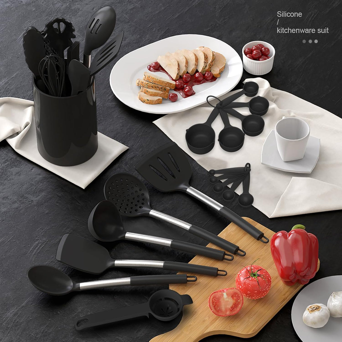 Large Silicone Cooking Utensils Set - Heat Resistant Kitchen Utensils,Turner Tongs,Spatula,Spoon,Brush,Whisk,Stainless Steel Cooking Tool for Nonstick Cookware,Dishwasher Safe (Khaki)