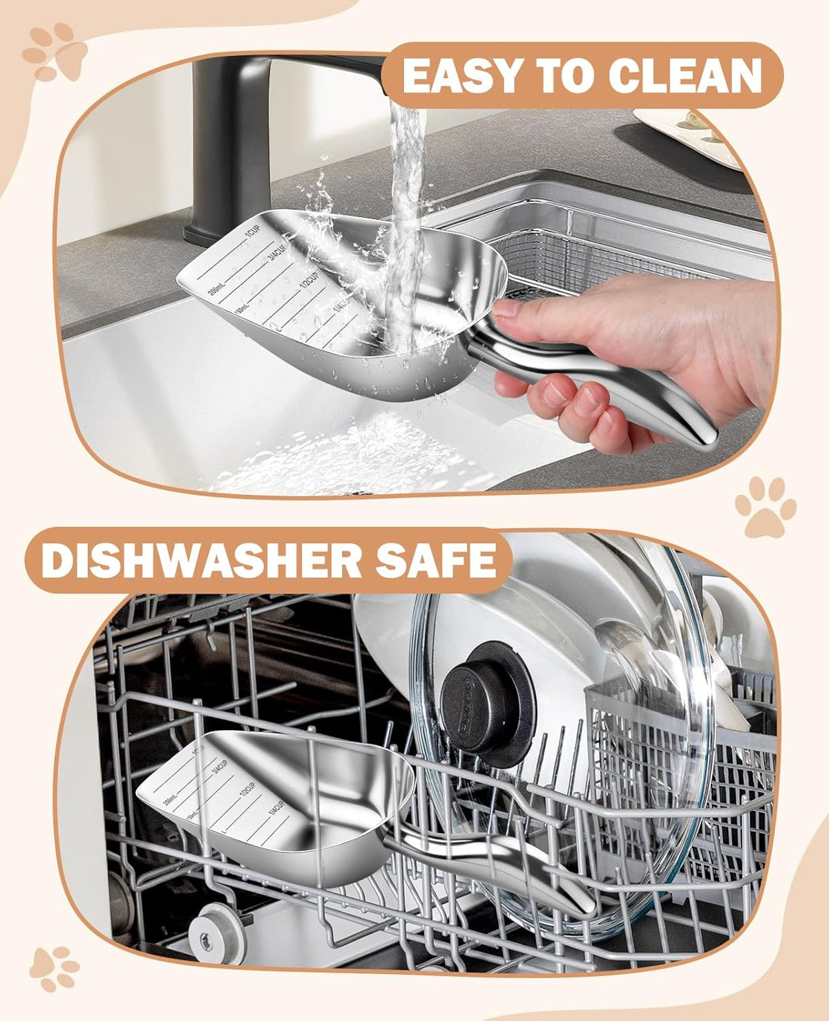 Stainless Steel Dog Food Scoop 1 Cup, Metal Pet Food Scoop With Measuring Lines (Cup/Ml), Dog Food Measuring Scoop For Dogs, Cats, And Kitchen Use, Dishwasher Safe