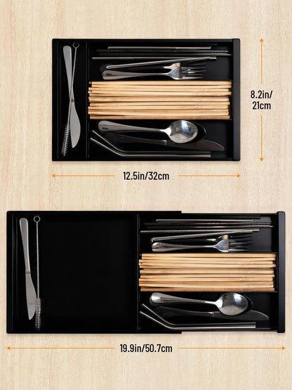 Silverware Drawer Organizer Tray (Black) | Adjustable Small Utensil Holder for Spoon and Fork, Expandable Flatware Cutlery Tray for Kitchen Drawers