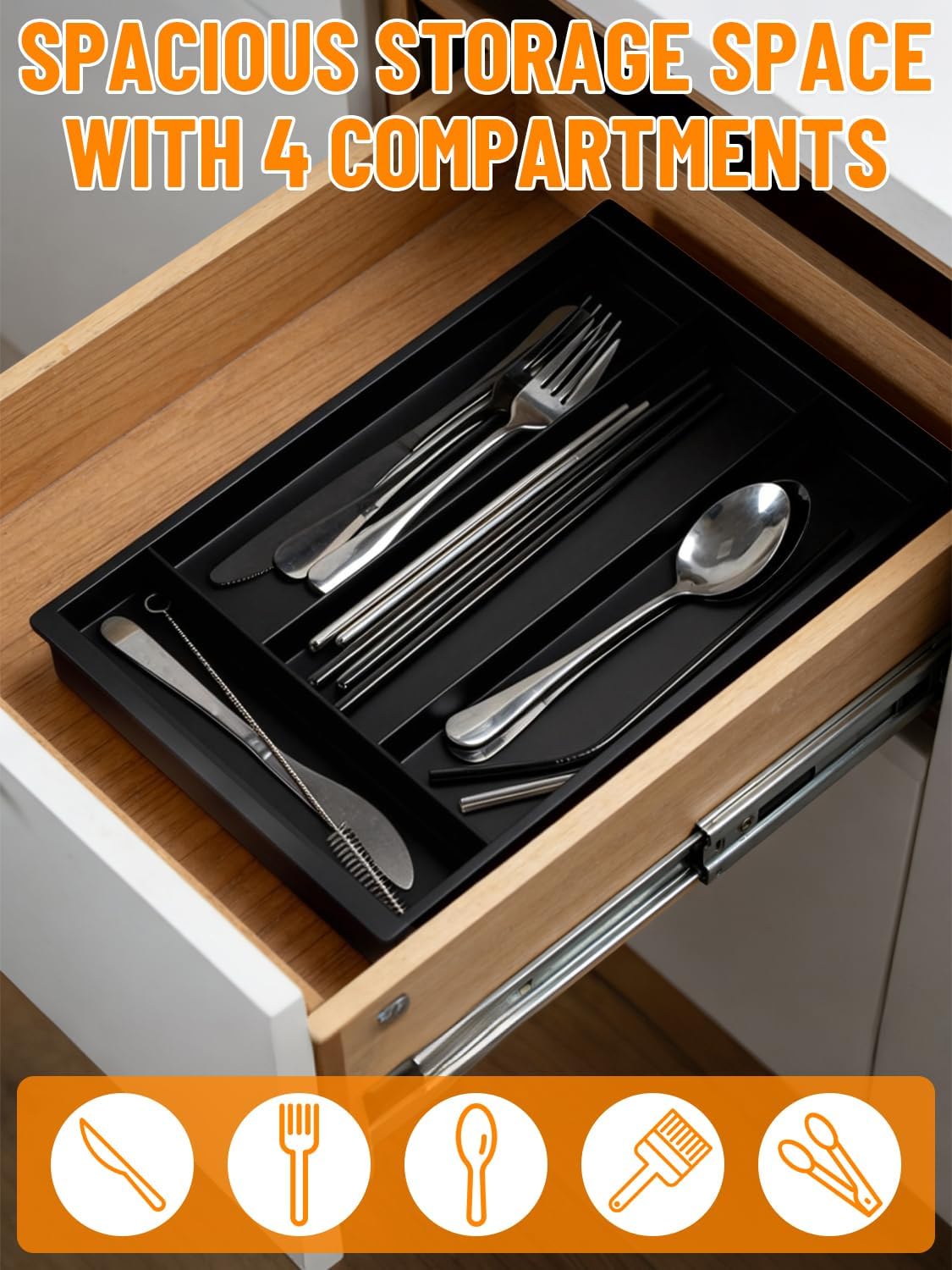 Silverware Drawer Organizer Tray (Black) | Adjustable Small Utensil Holder for Spoon and Fork, Expandable Flatware Cutlery Tray for Kitchen Drawers