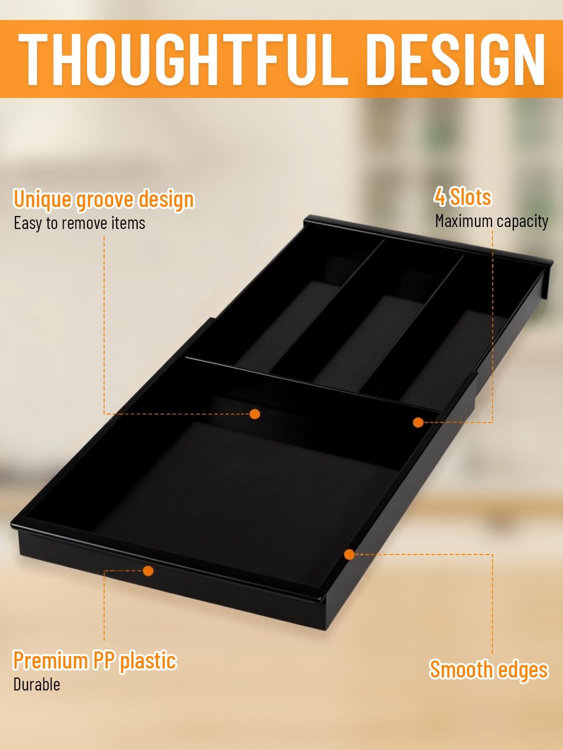 Silverware Drawer Organizer Tray (Black) | Adjustable Small Utensil Holder for Spoon and Fork, Expandable Flatware Cutlery Tray for Kitchen Drawers