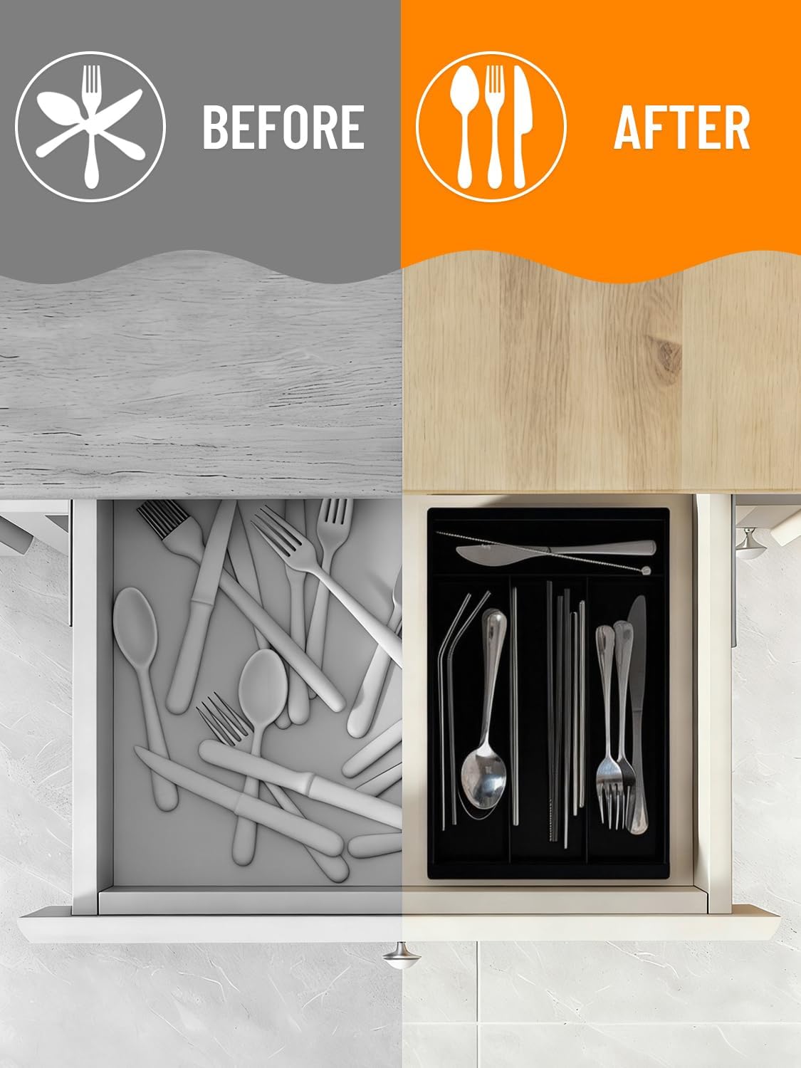 Silverware Drawer Organizer Tray (Black) | Adjustable Small Utensil Holder for Spoon and Fork, Expandable Flatware Cutlery Tray for Kitchen Drawers