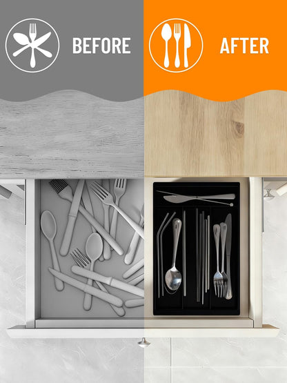Silverware Drawer Organizer Tray (Black) | Adjustable Small Utensil Holder for Spoon and Fork, Expandable Flatware Cutlery Tray for Kitchen Drawers