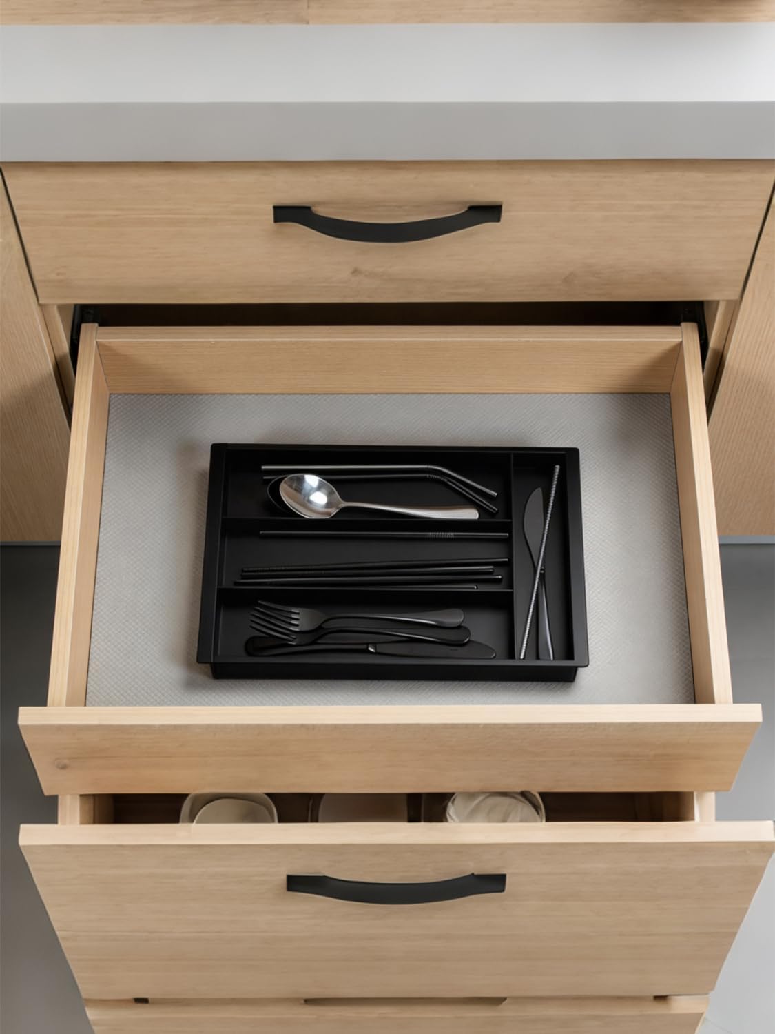 Silverware Drawer Organizer Tray (Black) | Adjustable Small Utensil Holder for Spoon and Fork, Expandable Flatware Cutlery Tray for Kitchen Drawers