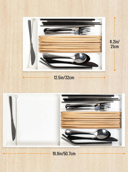 Silverware Drawer Organizer Tray (Black) | Adjustable Small Utensil Holder for Spoon and Fork, Expandable Flatware Cutlery Tray for Kitchen Drawers