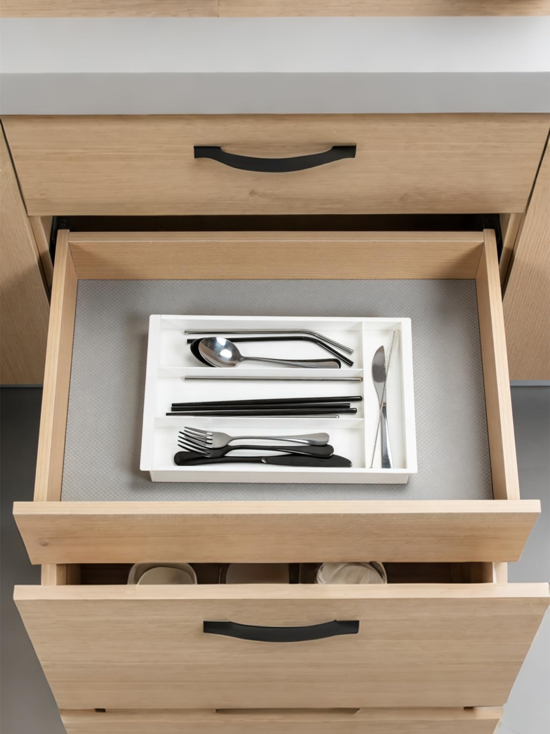 Silverware Drawer Organizer Tray (Black) | Adjustable Small Utensil Holder for Spoon and Fork, Expandable Flatware Cutlery Tray for Kitchen Drawers