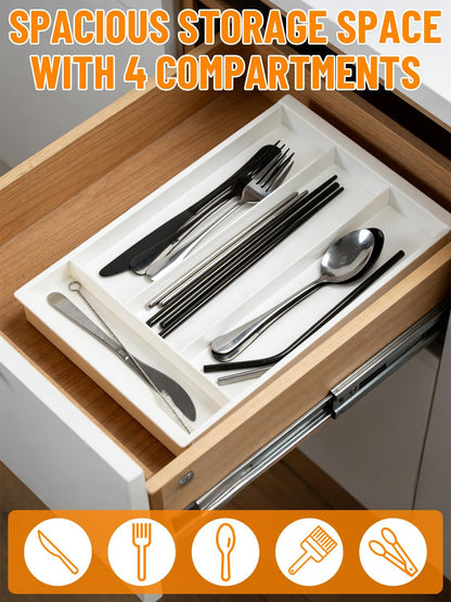 Silverware Drawer Organizer Tray (Black) | Adjustable Small Utensil Holder for Spoon and Fork, Expandable Flatware Cutlery Tray for Kitchen Drawers
