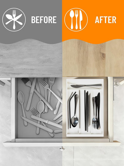 Silverware Drawer Organizer Tray (Black) | Adjustable Small Utensil Holder for Spoon and Fork, Expandable Flatware Cutlery Tray for Kitchen Drawers