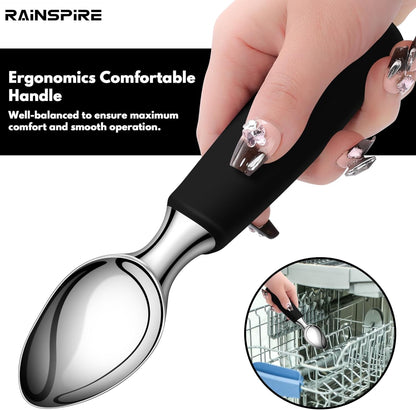 Ice Cream Scoop Stainless Steel, Ice Cream Scooper Professional Large Ice Cream Scoops With Non-Slip Rubber Handle, Ice Cream Spade for Cookie Dough, Gelato, Sorbet, Melon (Black)
