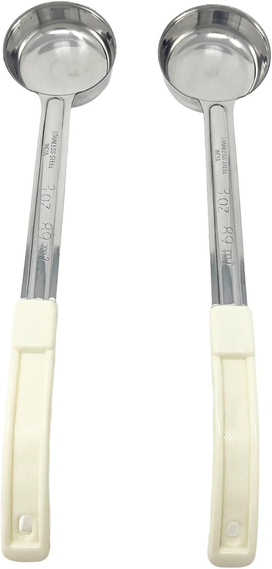 2 Pack - 3 oz. Slotted Portion Control Scoops, Spoodles - Beige Handle Perforated Food Serving Spoon, Single Knife, Silver, MCP03EP