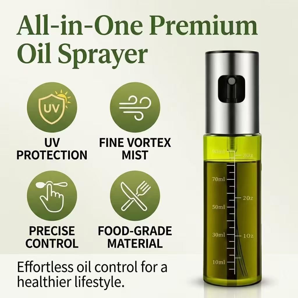 Oil Sprayer for Cooking - Olive & Avocado Oil Spray Bottle, 100ml Food Grade Glass Mister with Adjustable Nozzle for Kitchen Gadgets, Air Fryer, Salad, Frying, BBQ （1PCS）