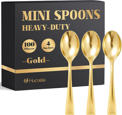 4 Inch Mini Gold Plastic Spoons, 100 Pack | Disposable, Small Dessert Spoons, For Appetizer Tasting, Puddings, Ice Creams, Wedding Reception