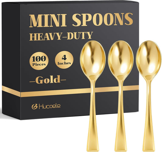 4 Inch Mini Gold Plastic Spoons, 100 Pack | Disposable, Small Dessert Spoons, For Appetizer Tasting, Puddings, Ice Creams, Wedding Reception