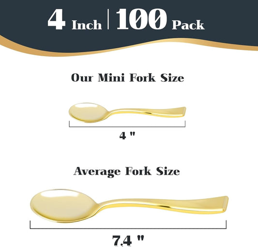 4 Inch Mini Gold Plastic Spoons, 100 Pack | Disposable, Small Dessert Spoons, For Appetizer Tasting, Puddings, Ice Creams, Wedding Reception