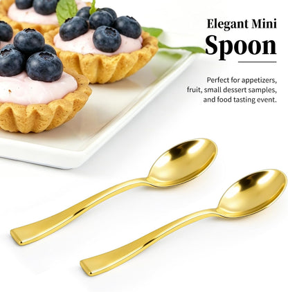 4 Inch Mini Gold Plastic Spoons, 100 Pack | Disposable, Small Dessert Spoons, For Appetizer Tasting, Puddings, Ice Creams, Wedding Reception