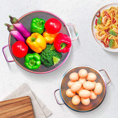 Rainbow Strainer for Kitchen, 3QT, Stainless Steel Colander with Handle for Fruits Vegetables Cooking Food, Dishwasher Safe