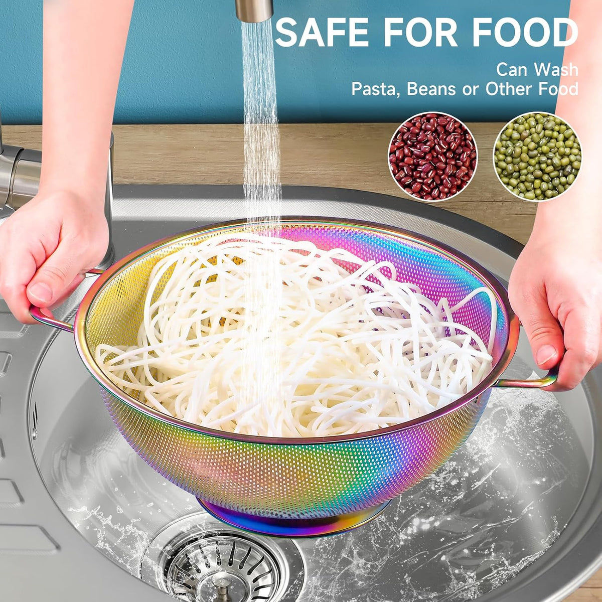 Rainbow Strainer for Kitchen, 3QT, Stainless Steel Colander with Handle for Fruits Vegetables Cooking Food, Dishwasher Safe