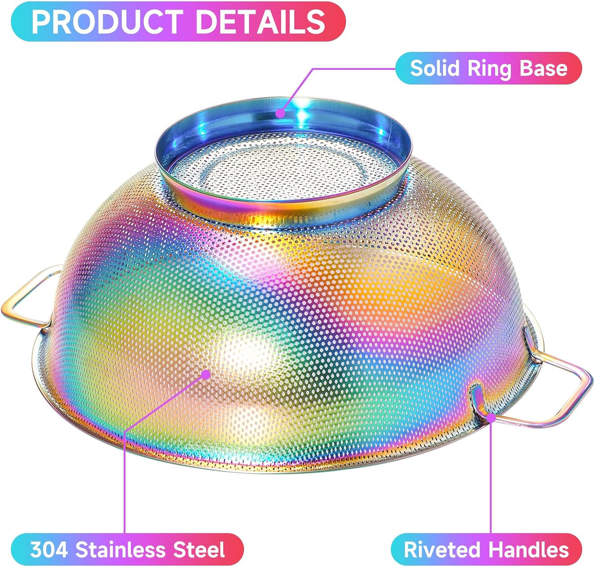 Rainbow Strainer for Kitchen, 3QT, Stainless Steel Colander with Handle for Fruits Vegetables Cooking Food, Dishwasher Safe