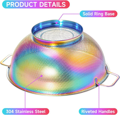 Rainbow Strainer for Kitchen, 3QT, Stainless Steel Colander with Handle for Fruits Vegetables Cooking Food, Dishwasher Safe