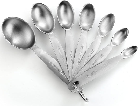 Stainless Steel Measuring Spoons Set of 7 with Leveler | Oval Metal Teaspoon & Tablespoon Measuring Spoons for Dry & Liquid Ingredients, Nesting Metric Spoons with Long Handle