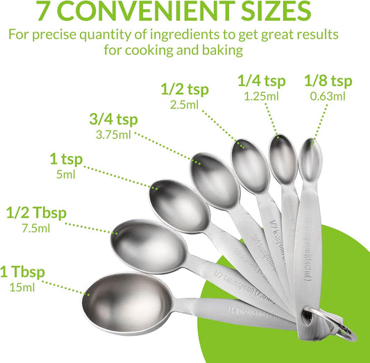 Stainless Steel Measuring Spoons Set of 7 with Leveler | Oval Metal Teaspoon & Tablespoon Measuring Spoons for Dry & Liquid Ingredients, Nesting Metric Spoons with Long Handle