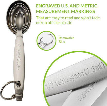 Stainless Steel Measuring Spoons Set of 7 with Leveler | Oval Metal Teaspoon & Tablespoon Measuring Spoons for Dry & Liquid Ingredients, Nesting Metric Spoons with Long Handle