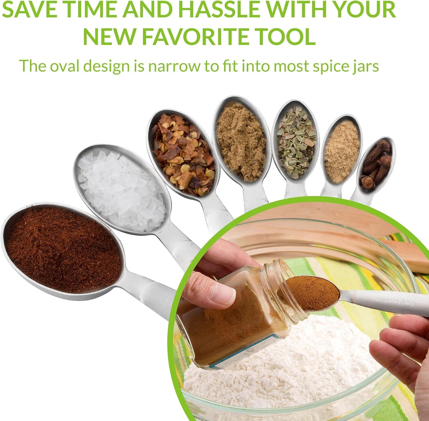 Stainless Steel Measuring Spoons Set of 7 with Leveler | Oval Metal Teaspoon & Tablespoon Measuring Spoons for Dry & Liquid Ingredients, Nesting Metric Spoons with Long Handle