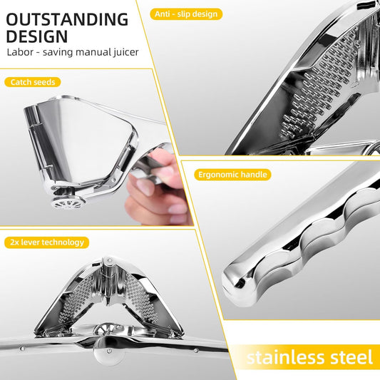 Lemon Squeezer Stainless Steel, Heavy - duty Lime Squeezer, Citrus Squeezer | 90% juice yield，Double lever, labor-saving，Fold flat