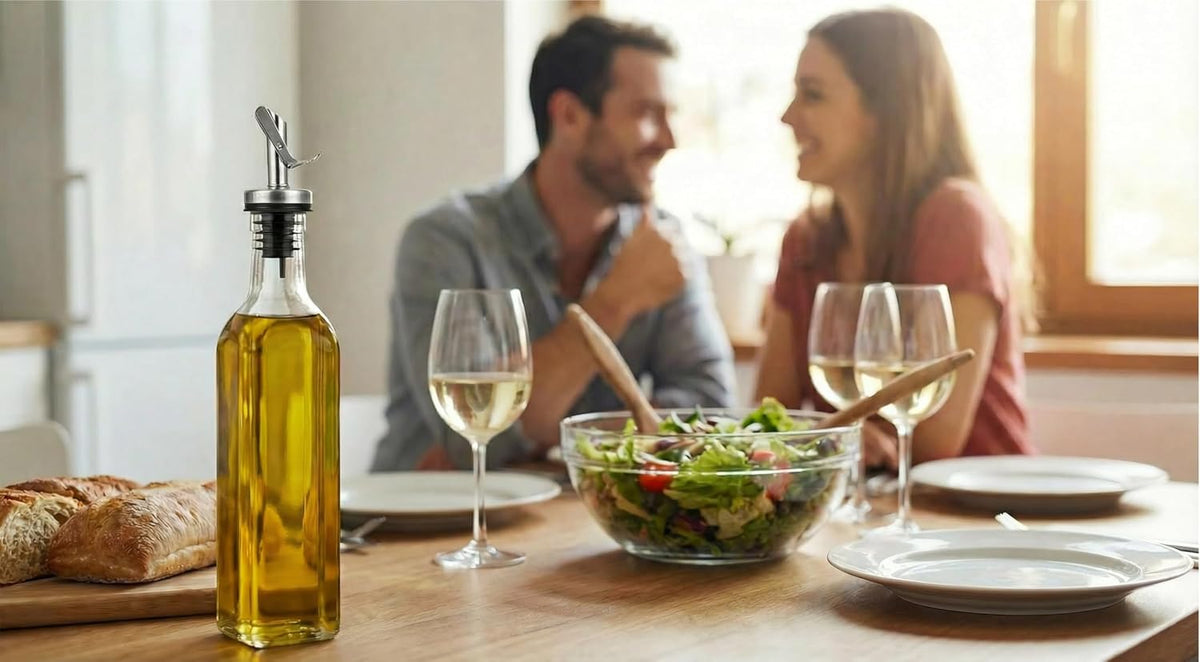 Olive Oil Dispenser Bottle - 17 oz. Clear Glass Bottle with No-Drip BPA-Free Spout - Ideal for Kitchen and Cooking Essentials - Single Bottle