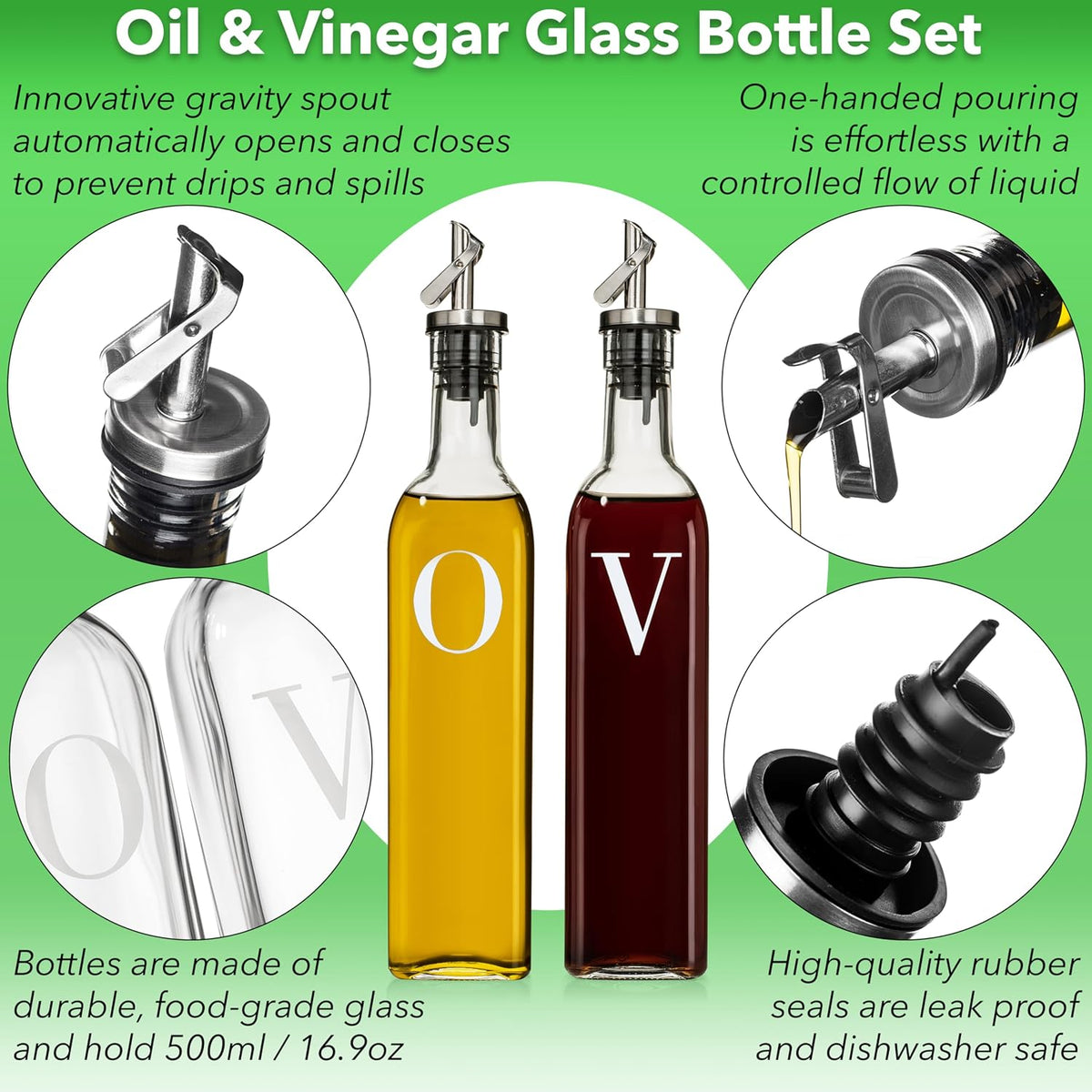 Olive Oil Dispenser Bottle - 17 oz. Clear Glass Bottle with No-Drip BPA-Free Spout - Ideal for Kitchen and Cooking Essentials - Single Bottle