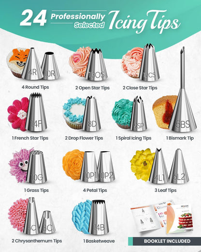 90PCs Cake Decorating Kit for Beginners, Baking Supplies Includes Cake Turntable, Cake Leveler, 24 Icing Piping Tips, 56 Piping Bags, 2 Couplers, Spatulas, Scrapers, Video Course and Booklet