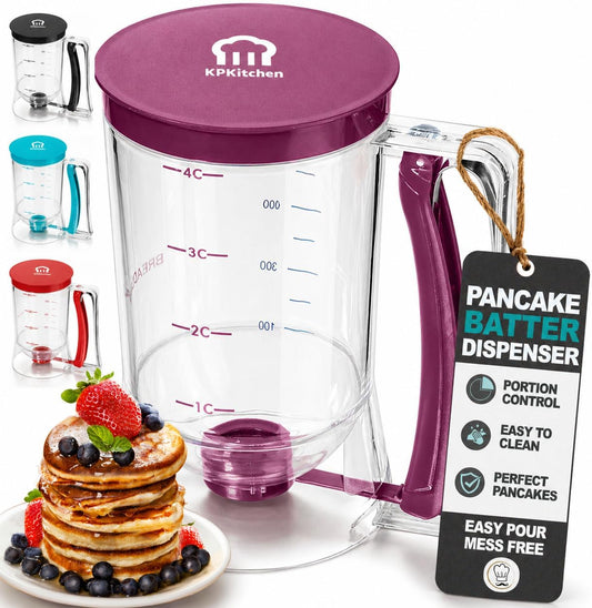 Pancake Batter Dispenser - Kitchen Must Have Tool for Perfect Pancakes, Cupcake, Waffle, Muffin Mix, Cake & Crepe - Baking Supplies for Griddle - Pancake Maker with Measuring Label (Purple)