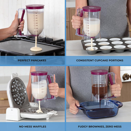 Pancake Batter Dispenser - Kitchen Must Have Tool for Perfect Pancakes, Cupcake, Waffle, Muffin Mix, Cake & Crepe - Baking Supplies for Griddle - Pancake Maker with Measuring Label (Purple)