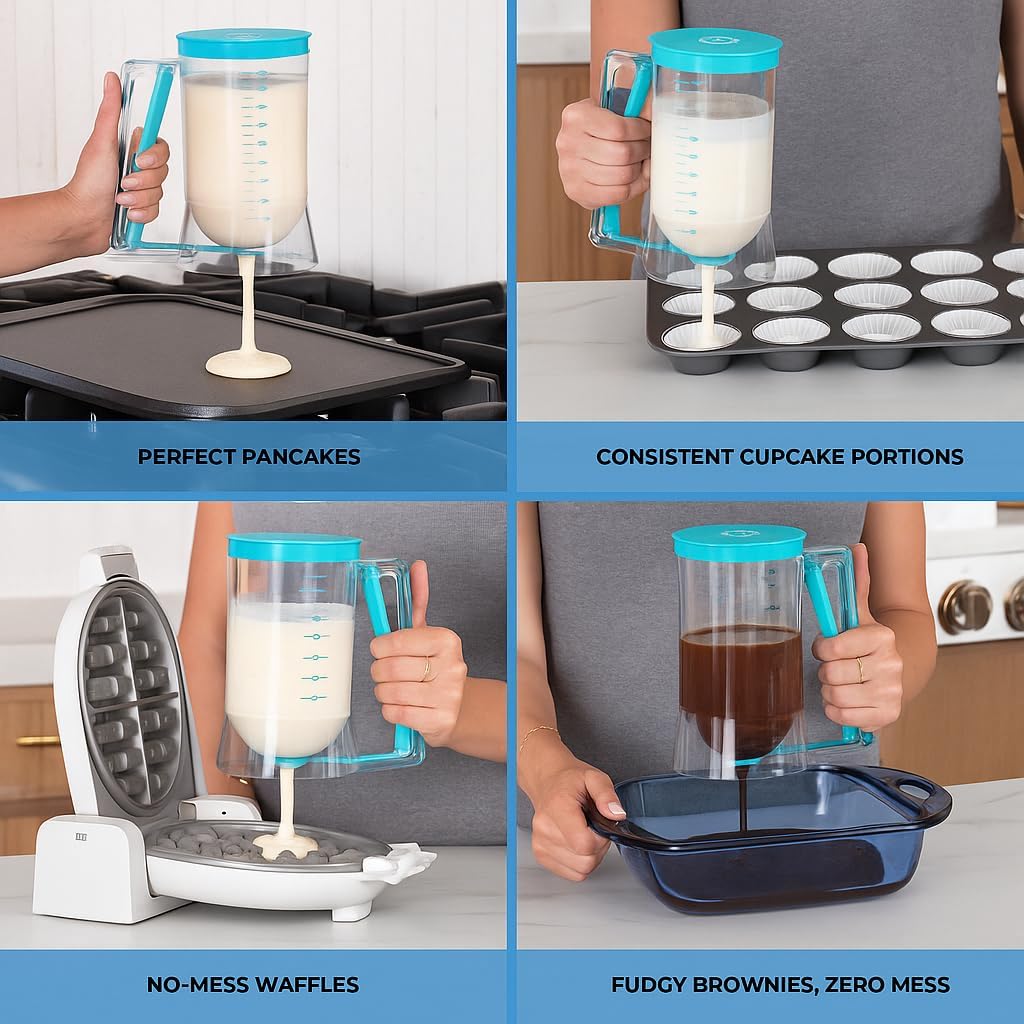 Pancake Batter Dispenser - Kitchen Must Have Tool for Perfect Pancakes, Cupcake, Waffle, Muffin Mix, Cake & Crepe - Baking Supplies for Griddle - Pancake Maker with Measuring Label (Purple)