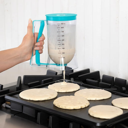 Pancake Batter Dispenser - Kitchen Must Have Tool for Perfect Pancakes, Cupcake, Waffle, Muffin Mix, Cake & Crepe - Baking Supplies for Griddle - Pancake Maker with Measuring Label (Purple)