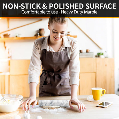 16.7 Inches Marble Rolling Pin for Baking with Wooden Handles & Wooden Cradle - Rolling Pin for making Pizza Dough & Tortillas, Dough Roller for Pasta, Cookie, Pie Crust and More!